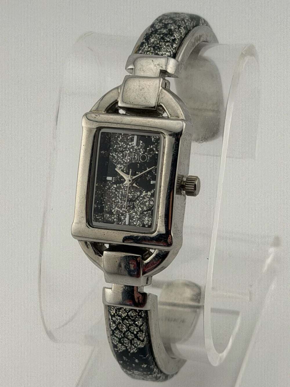 BOGO!-Studio Time Bangle Watch Black Silver Glitter Dial Bracelet NEW BATTERY